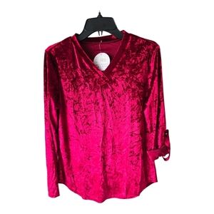 Crystal Boutique Crushed Velvety Blouse Sz M Red Roll Tab Sleeve V Neck New